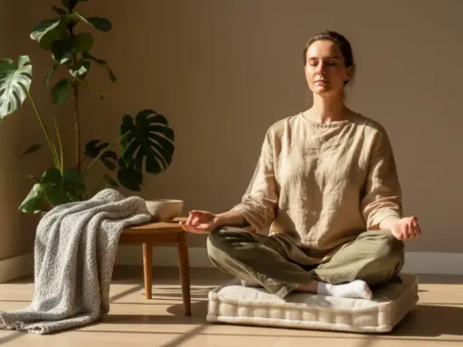Femme méditant, apaisant son cerveau en ébullition. Une plante verte et une couverture ajoutent à l'atmosphère sereine.