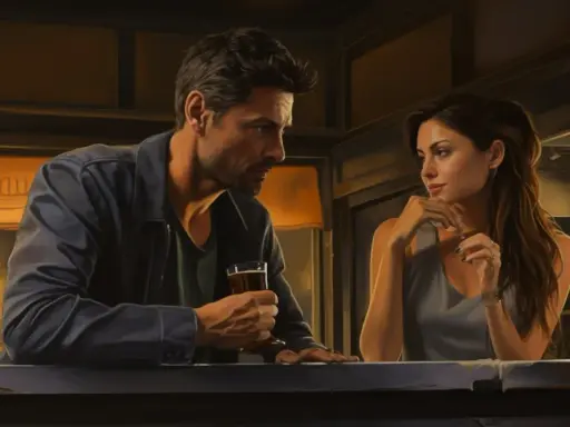 Un homme et une femme se regardent dans un bar. Mon ex revient, mais je n'ai plus confiance.
