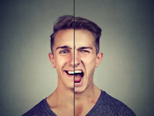 Visage d'homme divisé, montrant un sourire joyeux d'un côté et un cri de colère de l'autre.