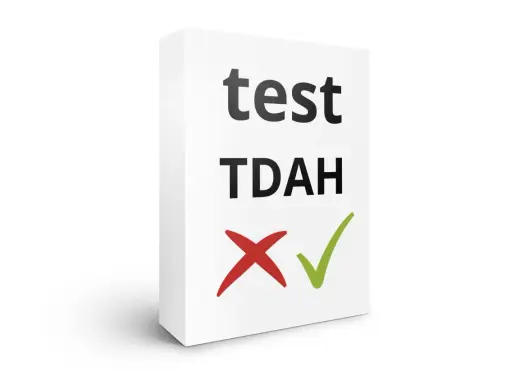 Boîte blanche avec "test TDAH" écrit dessus, un X rouge et une coche verte.