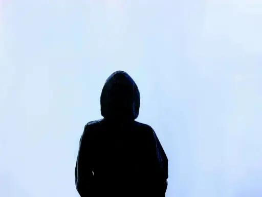 Silhouette d'une personne sous une capuche, le regard perdu dans le brouillard. Une image qui évoque la solitude, le mystère, et peut-être la présence d'une manipulatrice narcissique cachée.
