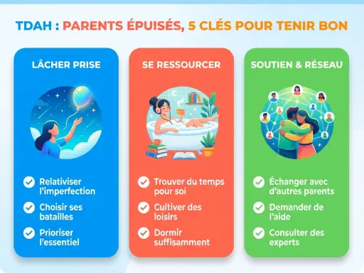 Une maman épuisée manque de sommeil. L'image illustre des clés pour les parents : lâcher prise, se ressourcer et trouver du soutien.