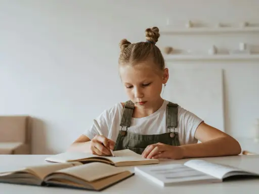 Jeune fille concentrée sur son cahier, peut-être en pleine préparation d'un test HPI WISC.