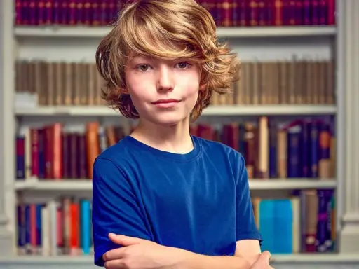 Garçon aux cheveux blonds, bras croisés devant une bibliothèque. Il semble prêt pour un test pour sauter une classe.