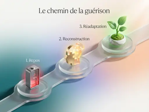 Le chemin de la guérison : 1. Repos (batterie faible), 2. Reconstruction (tête en puzzle), 3. Réadaptation (jeune pousse). Combien de temps pour se remettre d'un pn ?