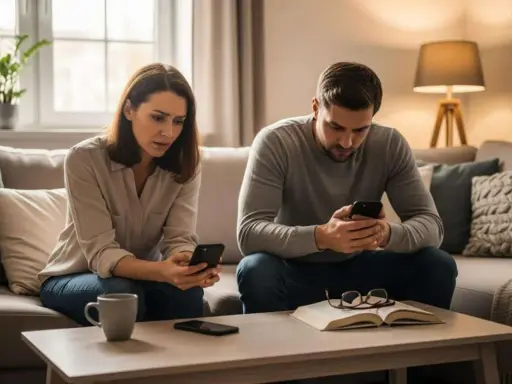 Un couple sur un canapé, chacun sur son téléphone. Elle semble inquiète, lui concentré. Mon mari refuse que je regarde son téléphone, et je me sens exclue.