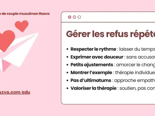 Conseils pour gérer les refus répétés en thérapie de couple musulman Razva : comment le faire s'engager. Respecter le rythme, exprimer avec douceur, montrer l'exemple.