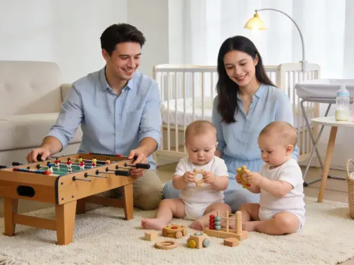 Un père joue au baby-foot pendant que la maman de jumeaux, souriante, observe ses bébés jouer avec des jouets en bois.