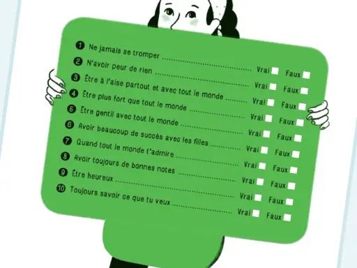 Un personnage tient une liste de questions pour un test sur le manque de confiance en soi. Les questions portent sur l'assurance et le bonheur.