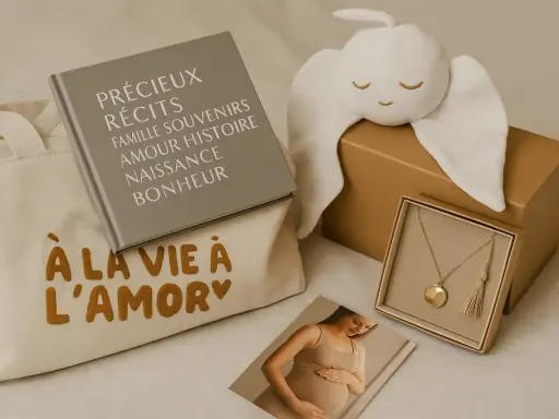 Un joli coffret cadeau pour un message encouragement avant accouchement : un livre, un doudou ange, un collier et une photo de grossesse.
