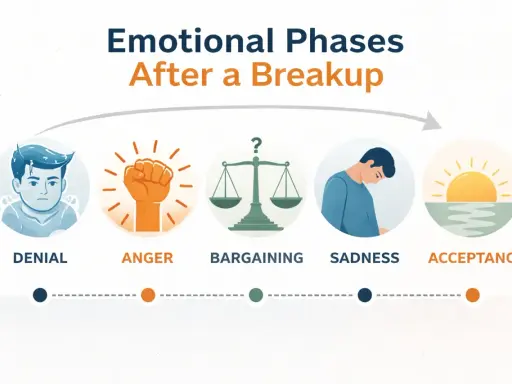 Les phases émotionnelles après une rupture : déni, colère, marchandage, tristesse, acceptation. Comment réagir quand un homme vous quitte.