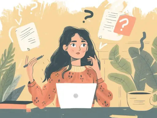 Jeune femme perplexe devant son ordinateur, entourée de papiers flottants et de points d'interrogation. Un test hyperactivité ?