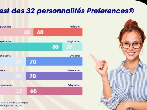 Bilan de personnalité : graphique montrant les préférences d'une personne, avec des scores pour Interaction, Expérience, Rationalité, Action, Organisation, Réflexion, Imagination, Empathie, Observation et Adaptation.