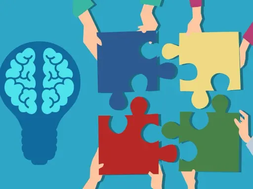 Des mains assemblent des pièces de puzzle autour d'une ampoule représentant un cerveau, symbolisant la compréhension de la déficience mentale légère chez l'adulte.