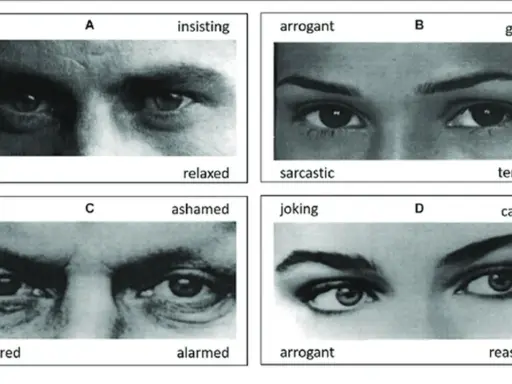 Quatre vignettes montrent des yeux exprimant diverses émotions pour un test d'empathie : amusé, insistant, sarcastique, reconnaissant, perplexe, honteux, arrogant, rassurant.