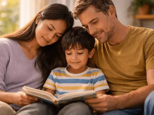 Un enfant lit un livre entouré de ses parents. Une belle scène de **maman famille nombreuse** partageant un moment précieux.
