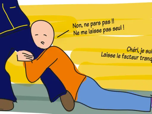 Un homme s'accroche aux jambes d'un autre, implorant "Ne me laisse pas seul !". Une façon de combler un manque affectif ?