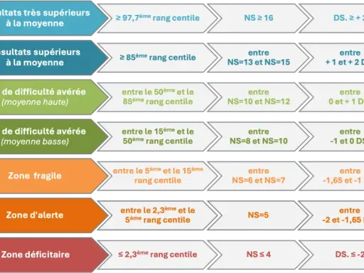 Tableau interprétant les résultats d'un test narcissique, classant les scores en zones (supérieur, moyen, fragile, alerte, déficitaire) selon des rangs centiles et des écarts types.