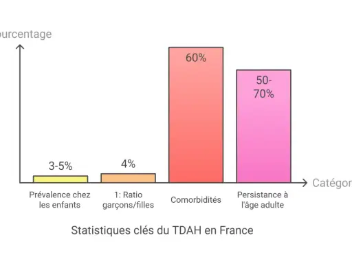 Graphique illustrant des statistiques clés du TDAH en France : prévalence chez les enfants (3-5%), ratio garçons/filles (4%), comorbidités (60%) et persistance à l'âge adulte (50-70%). Ce diagnostic TDA est complexe.