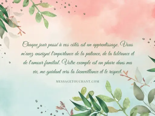 Un texte touchant pour sa belle-mère, orné de feuillages, louant son exemple de patience, tolérance et amour familial.