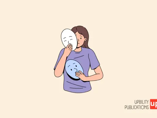 Une jeune femme tient deux masques, l'un devant son visage, l'autre sur sa poitrine. Un questionnaire borderline pourrait aider à comprendre ces changements d'identité.
