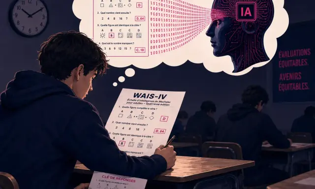 Un étudiant passe un test de QI, son esprit s'interroge sur l'IA et la possibilité de augmenter son QI.