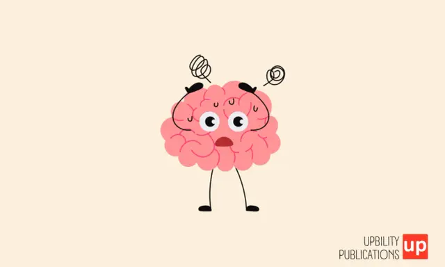 Cerveau rose cartoon, stressé, mains sur la tête, yeux écarquillés. Une illustration qui évoque les défis du HPI et de l'autisme.