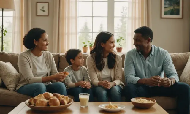 Une famille souriante partage un repas sur le canapé. La maman organisée a préparé des petits pains et des accompagnements pour un moment convivial.