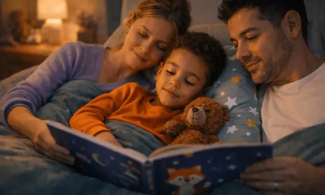 Un doux rituel du coucher pour un enfant de 10 ans : un papa et une maman lisent une histoire à leur fils, blotti contre un ours en peluche.