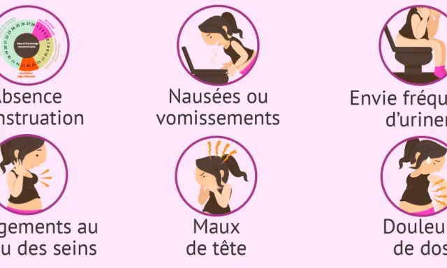 Absence de règles, nausées, envie fréquente d'uriner, seins sensibles, maux de tête, douleurs de dos : des signes qui peuvent indiquer qu'on est enceinte.