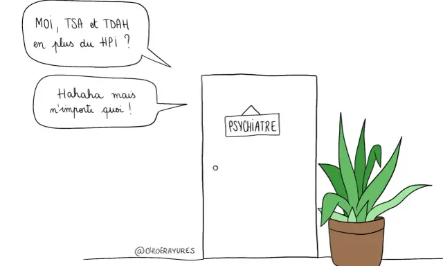 Une personne s'interroge sur un possible neurodivergent test, mentionnant TSA, TDAH et HPI, tandis qu'une autre réagit avec incrédulité devant la porte d'un psychiatre.