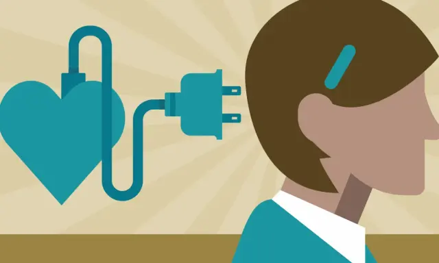Un cœur bleu relié par un câble à une prise électrique près de la tête d'une personne. Un test HPE pour l'énergie vitale.