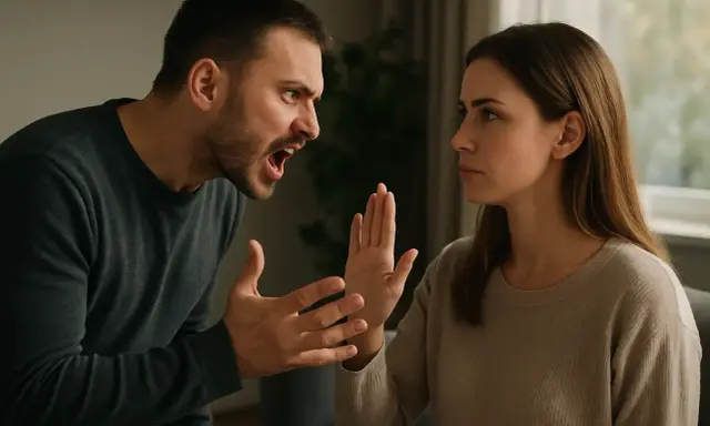 Un homme crie sur une femme qui lève la main pour se protéger. Une scène de conflit, peut-être une tentative de trouver une phrase pour déstabiliser un manipulateur.