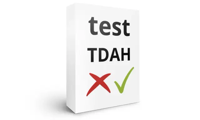 Boîte blanche avec "test TDAH" écrit dessus, un X rouge et une coche verte.