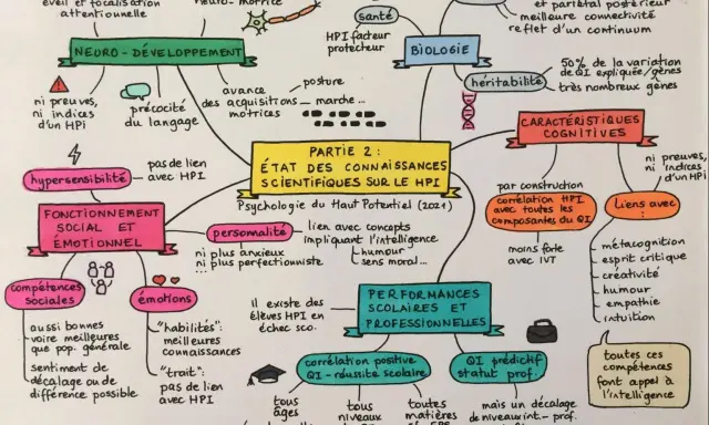 Carte mentale sur le HPI adulte : neuro-développement, biologie, caractéristiques cognitives, fonctionnement social et émotionnel, personnalité, performances scolaires et professionnelles.