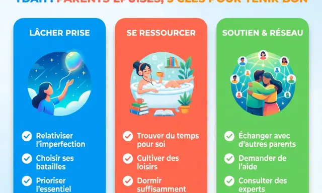 Une maman épuisée manque de sommeil. L'image illustre des clés pour les parents : lâcher prise, se ressourcer et trouver du soutien.