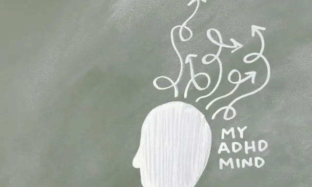 Profil de tête avec flèches chaotiques sortant, symbolisant un esprit HPI et agressivité. "My ADHD Mind" écrit.