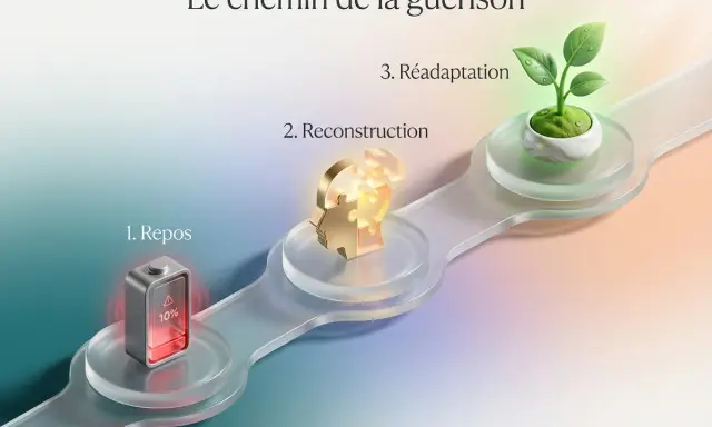 Le chemin de la guérison : 1. Repos (batterie faible), 2. Reconstruction (tête en puzzle), 3. Réadaptation (jeune pousse). Combien de temps pour se remettre d'un pn ?