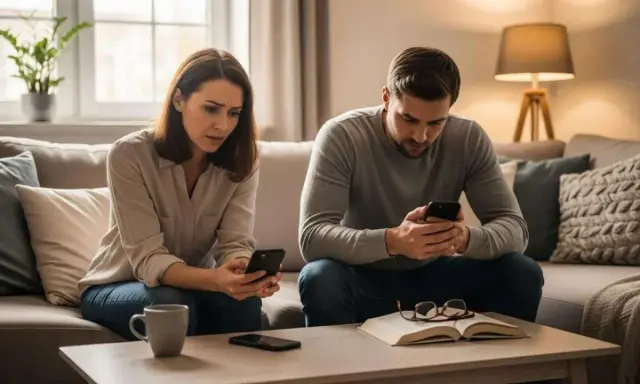 Un couple sur un canapé, chacun sur son téléphone. Elle semble inquiète, lui concentré. Mon mari refuse que je regarde son téléphone, et je me sens exclue.