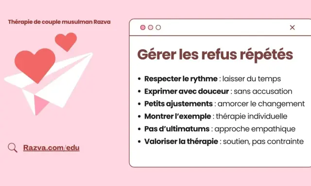 Conseils pour gérer les refus répétés en thérapie de couple musulman Razva : comment le faire s'engager. Respecter le rythme, exprimer avec douceur, montrer l'exemple.