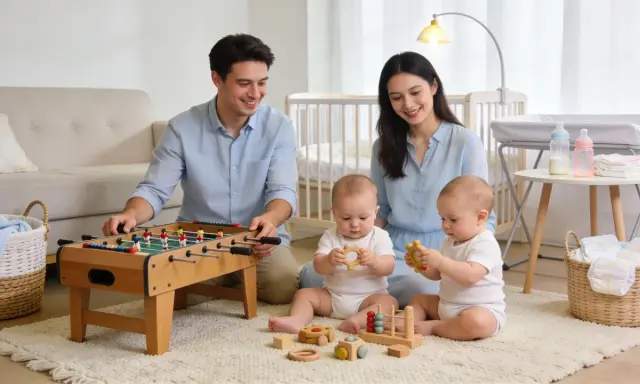 Un père joue au baby-foot pendant que la maman de jumeaux, souriante, observe ses bébés jouer avec des jouets en bois.