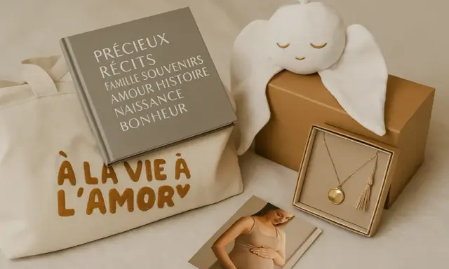Un joli coffret cadeau pour un message encouragement avant accouchement : un livre, un doudou ange, un collier et une photo de grossesse.