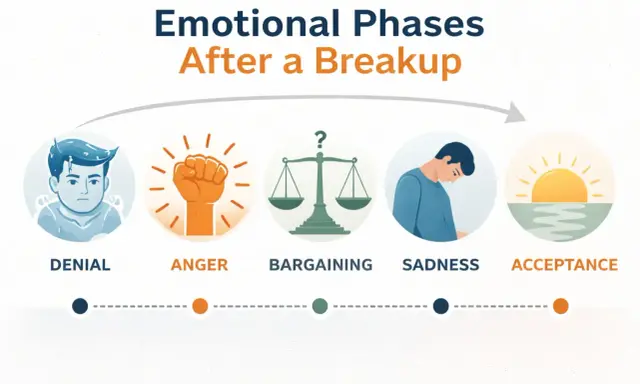 Les phases émotionnelles après une rupture : déni, colère, marchandage, tristesse, acceptation. Comment réagir quand un homme vous quitte.