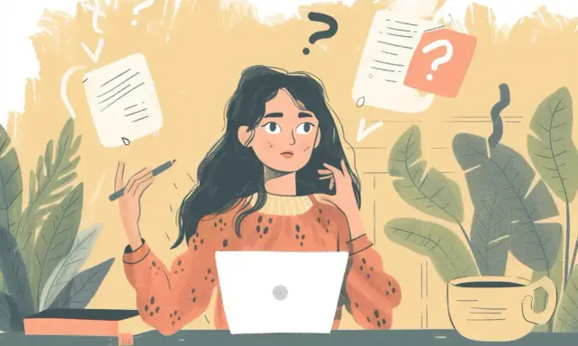 Jeune femme perplexe devant son ordinateur, entourée de papiers flottants et de points d'interrogation. Un test hyperactivité ?