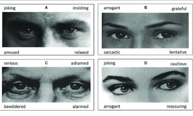 Quatre vignettes montrent des yeux exprimant diverses émotions pour un test d'empathie : amusé, insistant, sarcastique, reconnaissant, perplexe, honteux, arrogant, rassurant.