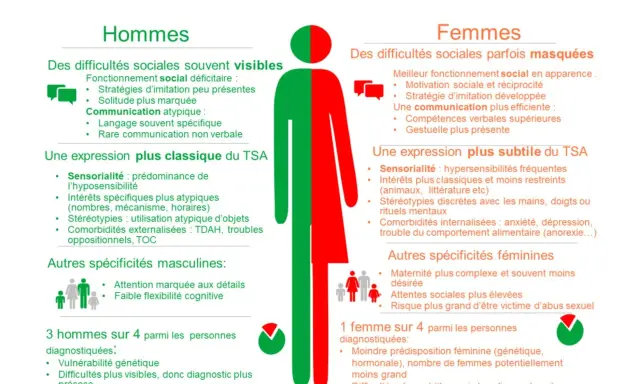 Comparaison des manifestations du test autisme femme et homme. Les femmes ont des difficultés sociales masquées, une expression subtile du TSA.