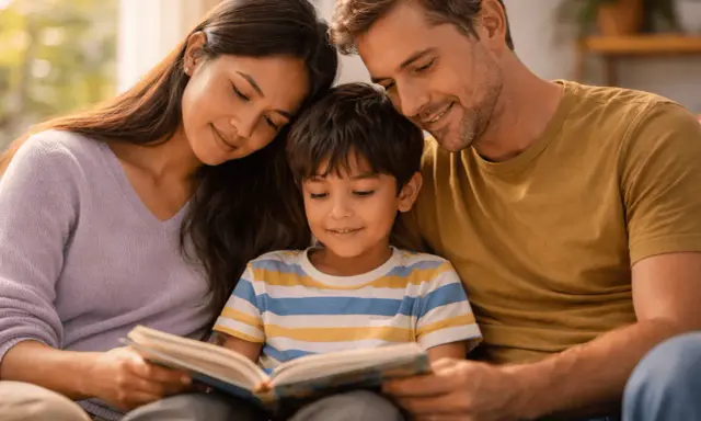 Un enfant lit un livre entouré de ses parents. Une belle scène de **maman famille nombreuse** partageant un moment précieux.