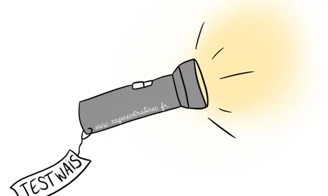 Lampe torche illuminant un test hpi hétérogène, avec une étiquette "TEST WAIS" accrochée.