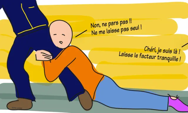 Un homme s'accroche aux jambes d'un autre, implorant "Ne me laisse pas seul !". Une façon de combler un manque affectif ?