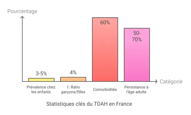 Graphique illustrant des statistiques clés du TDAH en France : prévalence chez les enfants (3-5%), ratio garçons/filles (4%), comorbidités (60%) et persistance à l'âge adulte (50-70%). Ce diagnostic TDA est complexe.